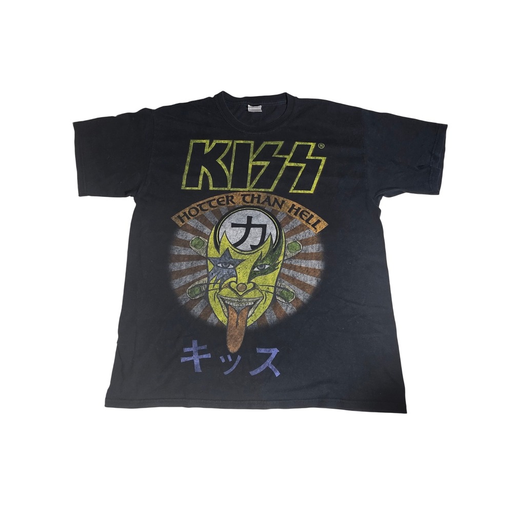 Kiss Hotter Than Hell Japanese Graphic T-Shirt Large Black Gildan Heavy Cotton